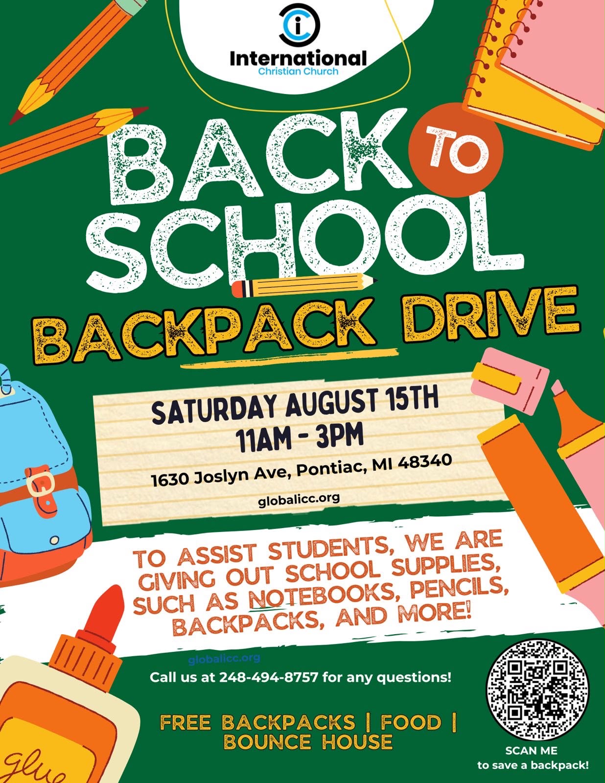 Back to School Backpack Drive - Saturday August 15, 2026, 11am-3pm at 1630 Joslyn Ave, Pontiac, MI 48340. Free backpacks, school supplies, food and bounce house.